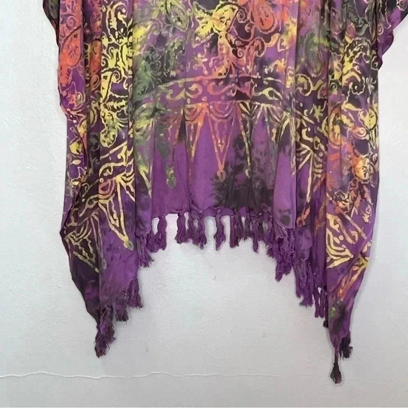 Hand Made Corful Paisley Geometric Print Fringed Poncho‎ Kimono Cover Up OS - Picture 4 of 7